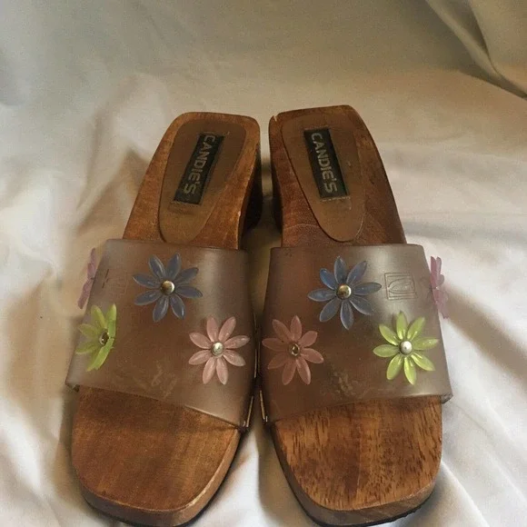 Candies Jelly Clog Clear Wooden Slide Sandal VTG Floral Chunky Womens Size 6 - Picture 8 of 8